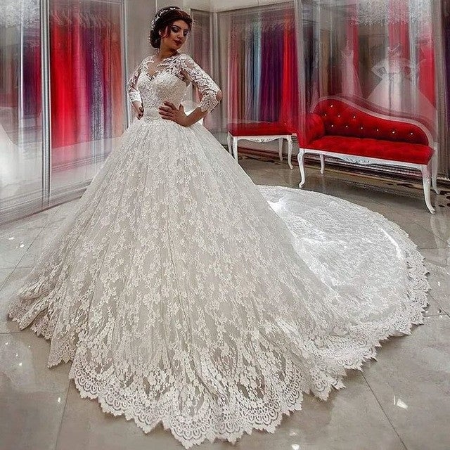 Modest 3/4 Sleeves Ball Gowns Lace Wedding Dresses Modest 3/4 Sleeves Ball Gowns Lace Wedding Dresses