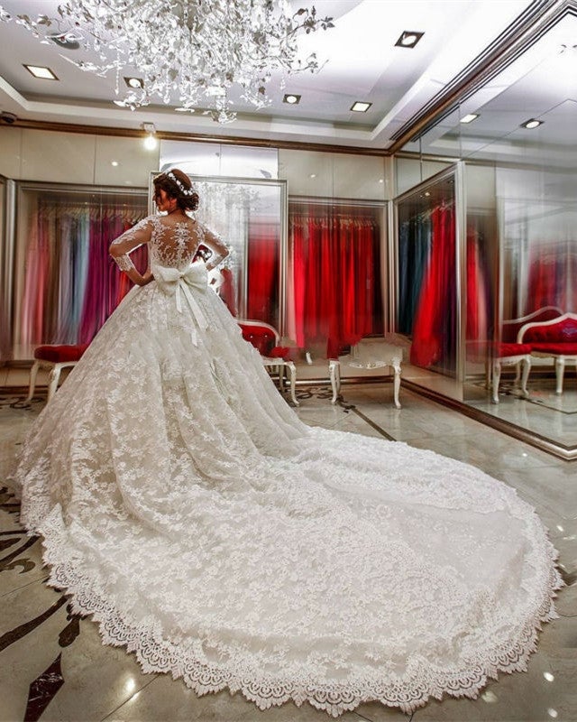 fitted lace wedding dress Modest 3/4 Sleeves Ball Gowns Lace Wedding Dresses