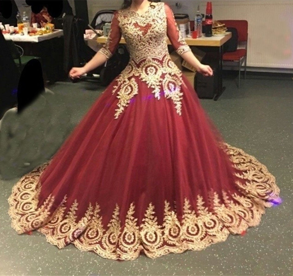 Modest 3/4 Sleeves Burgundy Ball Gowns Wedding Dresses Gold Lace Appliques Modest 3/4 Sleeves Burgundy Ball Gowns Wedding Dresses Gold Lace Appliques