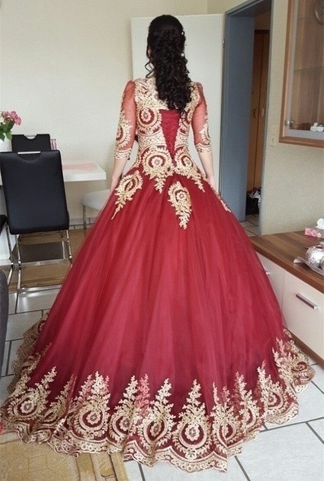 Modest 3/4 Sleeves Burgundy Ball Gowns Wedding Dresses Gold Lace Appliques Modest 3/4 Sleeves Burgundy Ball Gowns Wedding Dresses Gold Lace Appliques