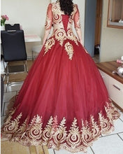 Load image into Gallery viewer, Burgundy-Tulle-Wedding-Dresses-Gold-Lace-Appliques-With-3/4-Sleeves
