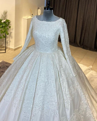 Modest Applique Satin Wedding Dress Long Sleeve-alinanova