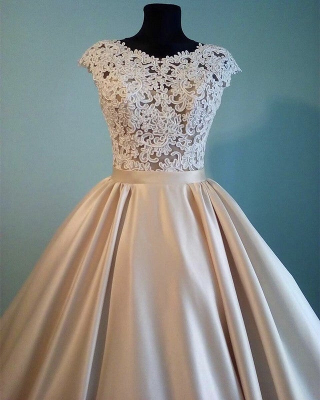 Modest Ball Gown Satin Wedding Dress With Lace Cap Sleeves Modest Ball Gown Satin Wedding Dress With Lace Cap Sleeves