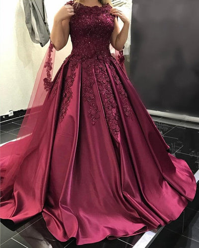 Modest Burgundy Ball Gown Satin Dress Lace Cap Sleeves-alinanova