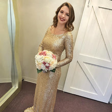 Load image into Gallery viewer, Modest Gold Sequin Bridesmaid Dresses Long Sleeve
