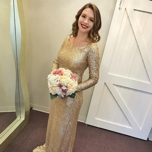 Modest Gold Sequin Bridesmaid Dresses Long Sleeve