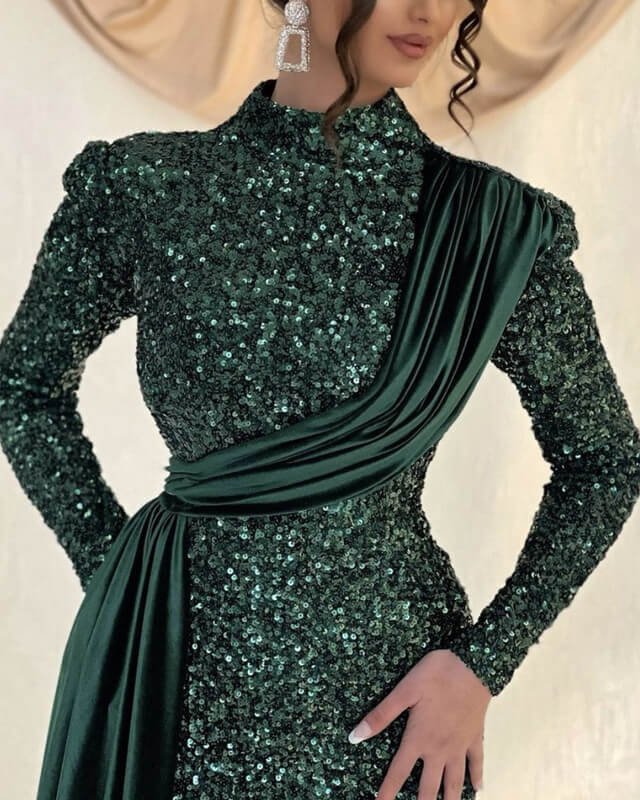 Modest Green Sequin Long Sleeve Mermaid Dress Modest Green Sequin Long Sleeve Mermaid Dress