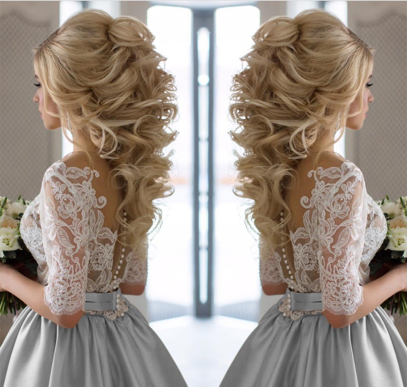 silver appliques for dresses Modest Half Sleeves Lace Appliques Silver Wedding Dresses Satin