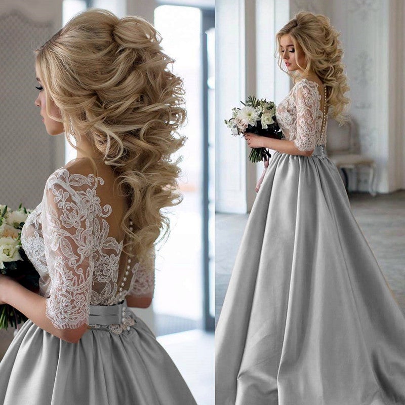 Elegant A line Silver Wedding Dresses With Lace Half Sleeves alinanova