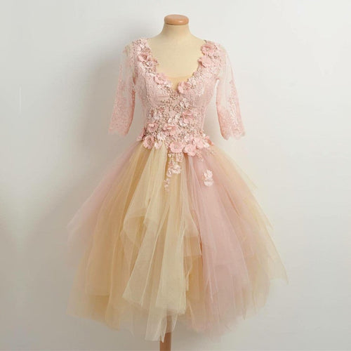Modest Lace 3/4 Sleeves Tulle Prom Homecoming Dresses Short-alinanova