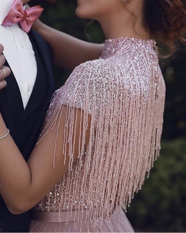high neck cap sleeve prom dress Special High Neck Tassel Beading Cap Sleeves Princess Prom Dresses Blu