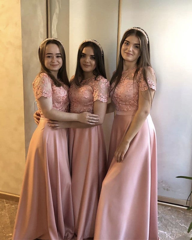 Modest Satin Bridesmaid Dresses Lace Cap Sleeves Modest Satin Bridesmaid Dresses Lace Cap Sleeves
