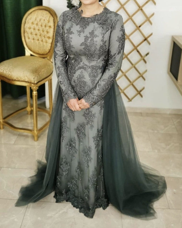 Modest Mermaid Prom Dresses Long Sleeves Lace Appliques