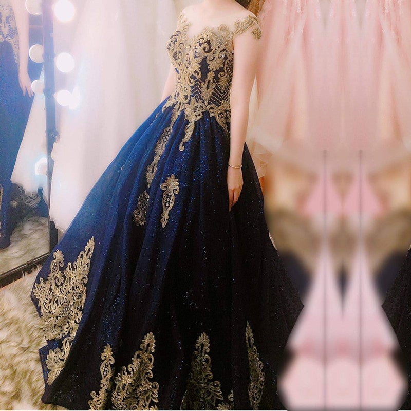 Navy Blue Ball Gowns Wedding Dresses Gold Lace Embroidery Navy Blue Ball Gowns Wedding Dresses Gold Lace Embroidery