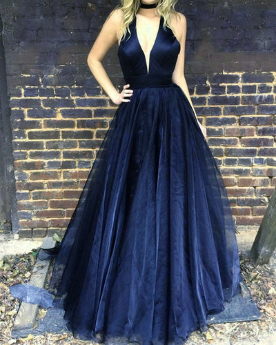 Navy Blue Prom Dress Long Halter Evening Gowns-alinanova