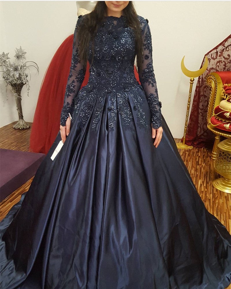 Navy Blue Lace Long Sleeves Wedding Dresses Ball Gowns Navy Blue Lace Long Sleeves Wedding Dresses Ball Gowns