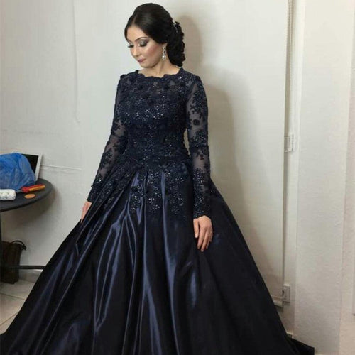 Navy Blue Lace Long Sleeves Wedding Dresses Ball Gowns-alinanova