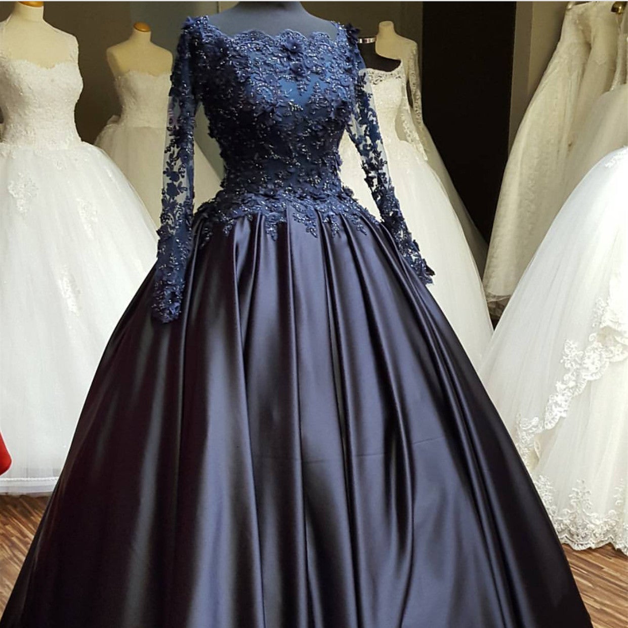 long sleeve ball dress nz Navy Blue Long Sleeve Prom Dress Appliques Beaded Ball Gown