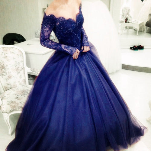 Navy Blue Long Sleeves Ball Gowns Wedding Dresses-alinanova