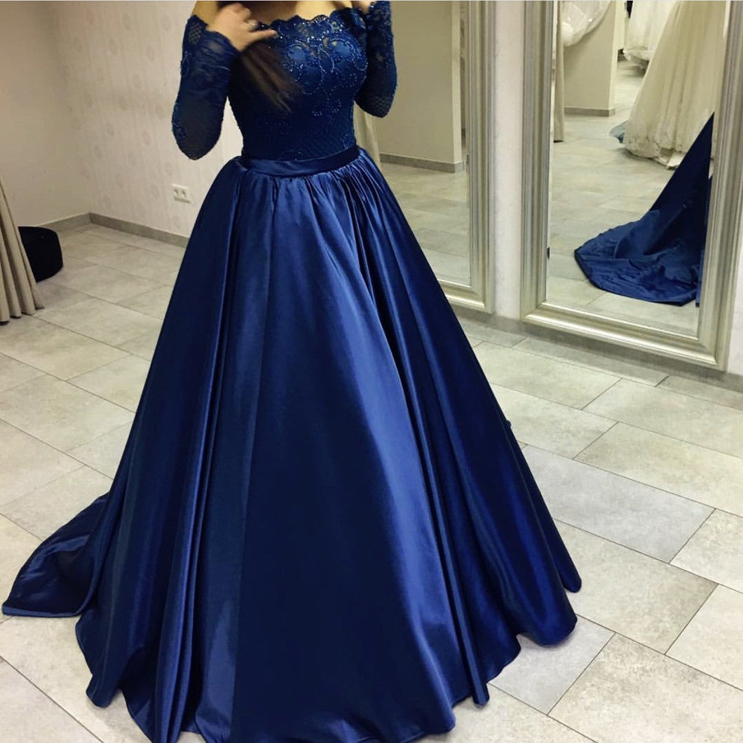 A Line V Neck Satin Long Royal Blue Prom Dresses with Hihg Split, V Ne –  Shiny Party