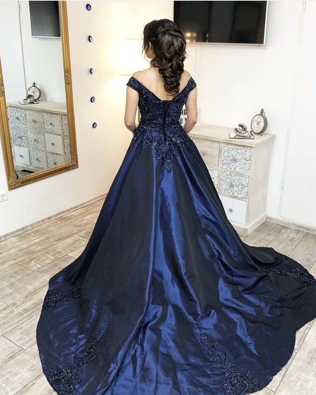 15 dresses navy blue Navy Blue Off-Shoulder quinceanera dress with Gold Appliques and Puffy Tulle Skirt - Perfect for Birthday, Sweet 16, Prom, and Party Wear