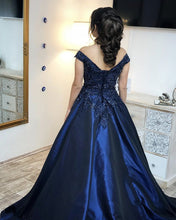 Load image into Gallery viewer, Navy Blue Satin Ball Gowns Quinceanera Dresses Lace Appliques
