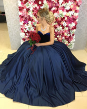 Load image into Gallery viewer, Navy Blue Satin Ball Gowns Wedding Dresses Velvet Sweetheart Top
