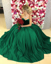 Load image into Gallery viewer, Navy Blue Satin Ball Gowns Wedding Dresses Velvet Sweetheart Top
