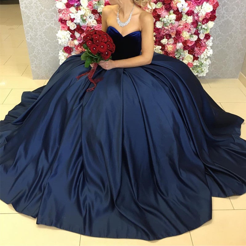 Navy Blue Satin Ball Gowns Wedding Dresses Velvet Sweetheart Top-alinanova