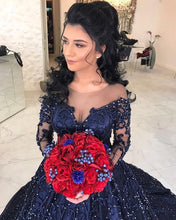 Load image into Gallery viewer, Navy Blue Satin Long Sleeves Wedding Dresses Ball Gowns With Embroidery Beaded
