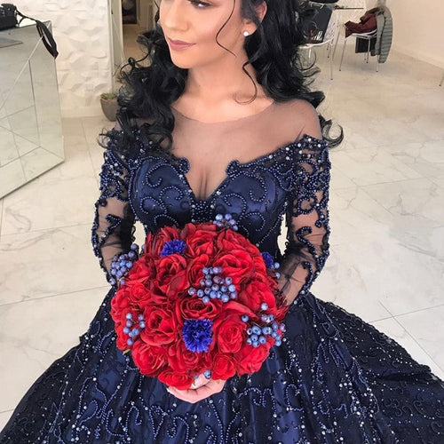 Navy Blue Satin Long Sleeves Wedding Dresses Ball Gowns With Embroidery Beaded-alinanova