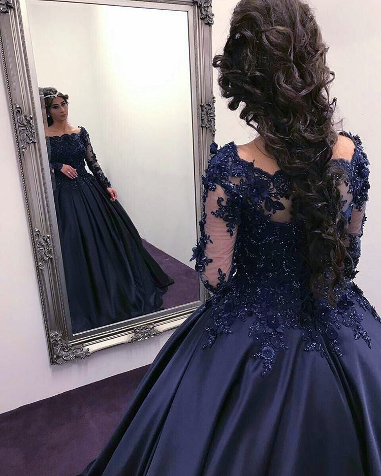 Evening Dress Navy Wedding Dresses With Sleeves Navy Blue Satin