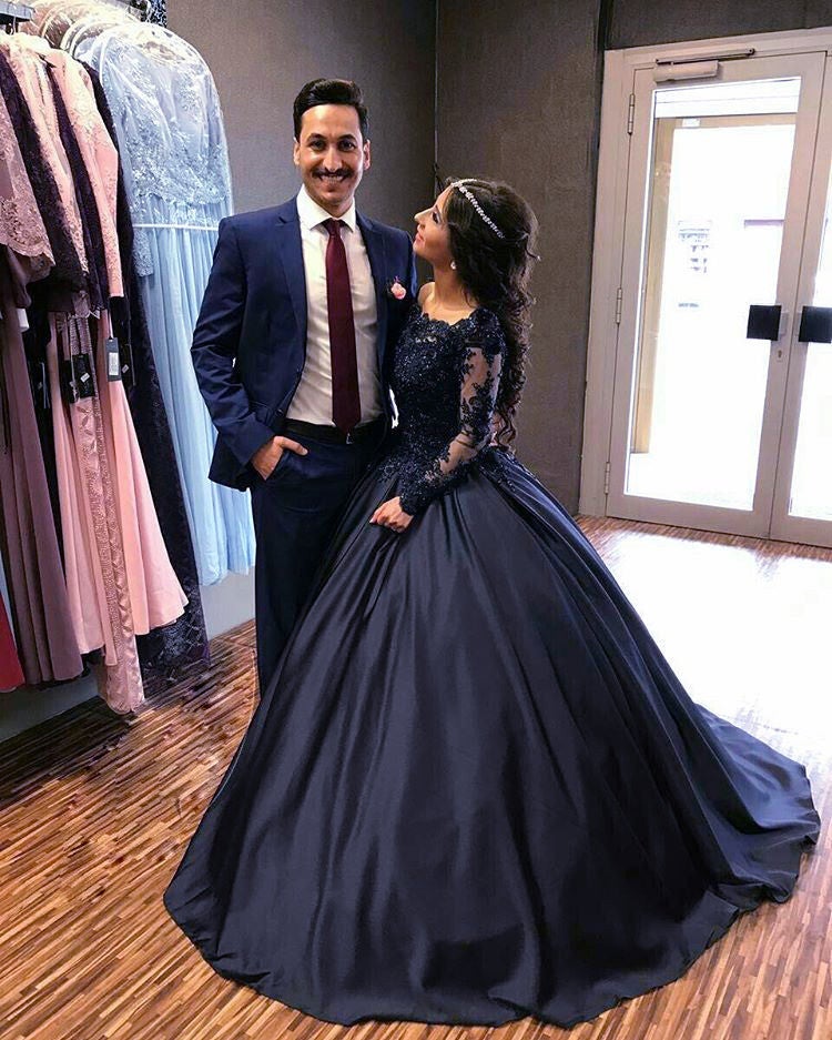 Navy Blue Satin Wedding Dresses Ball Gowns Lace Long Sleeves