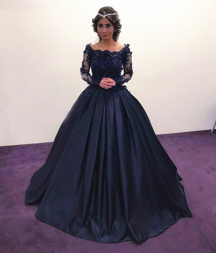 Navy Blue Satin Wedding Dresses Ball Gowns Lace Long Sleeves Navy Blue Satin Wedding Dresses Ball Gowns Lace Long Sleeves