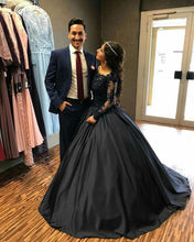 Load image into Gallery viewer, Navy Blue Satin Wedding Dresses Ball Gowns Lace Long Sleeves

