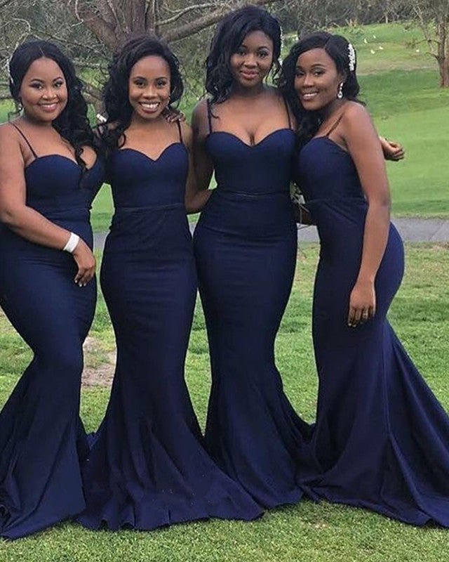 Satin Curved Sweetheart Mermaid Bridesmaid Dresses Spaghetti Straps