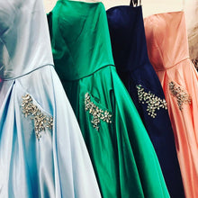 Load image into Gallery viewer, New Elegant A Line Princess Satin Long Prom Dresses With Beading Pocket
