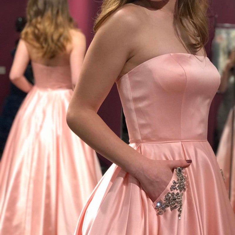 New Elegant A Line Princess Satin Long Prom Dresses With Beading Pocket-alinanova