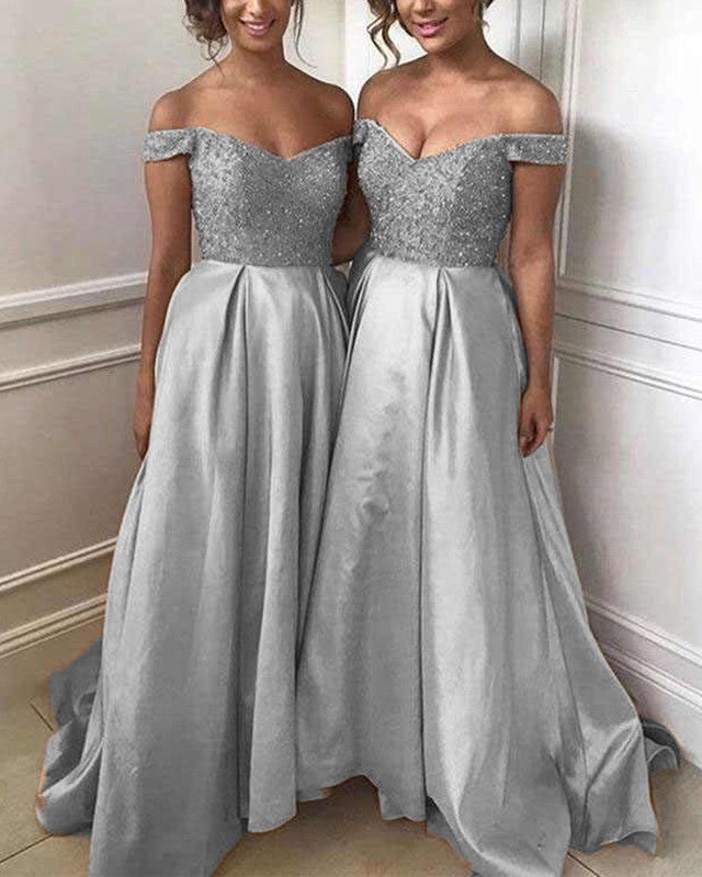 Off Shoulder Bridesmaid Dresses Satin Floor Length Sequin Beaded Off Shoulder Bridesmaid Dresses Satin Floor Length Sequin Beaded
