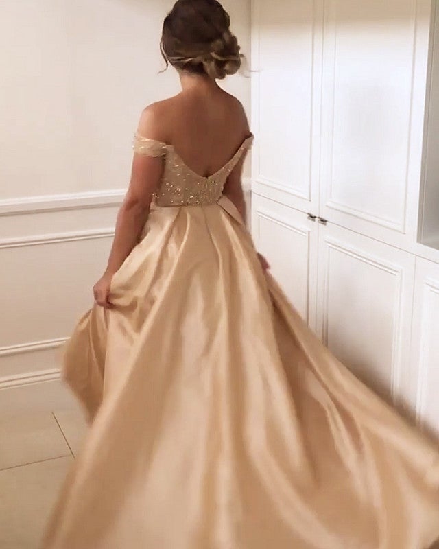Off Shoulder Bridesmaid Dresses Satin Floor Length Sequin Beaded Off Shoulder Bridesmaid Dresses Satin Floor Length Sequin Beaded