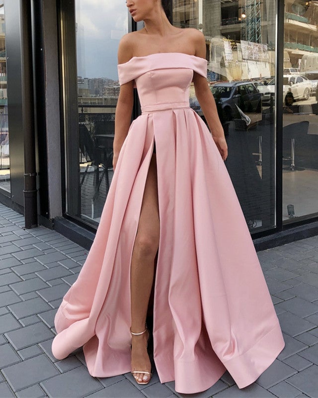 Off Shoulder Evening Gowns Satin Leg Split Prom Long Dresses alinanova Off Shoulder Evening Gowns Satin Leg Split Prom Long Dresses alinanova