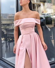Load image into Gallery viewer, Off Shoulder Evening Gowns Satin Leg Split Prom Long Dresses
