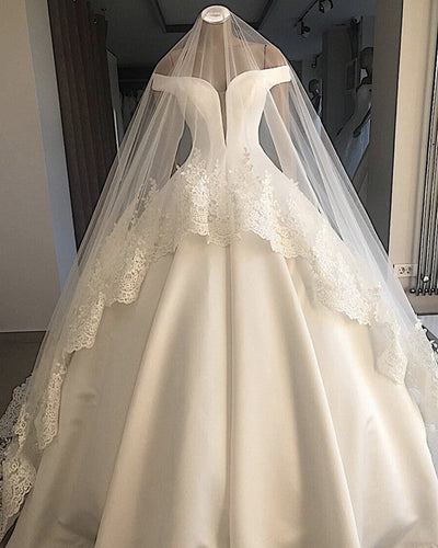 Off Shoulder Floor Length Satin Wedding Dresses Ballgowns-alinanova