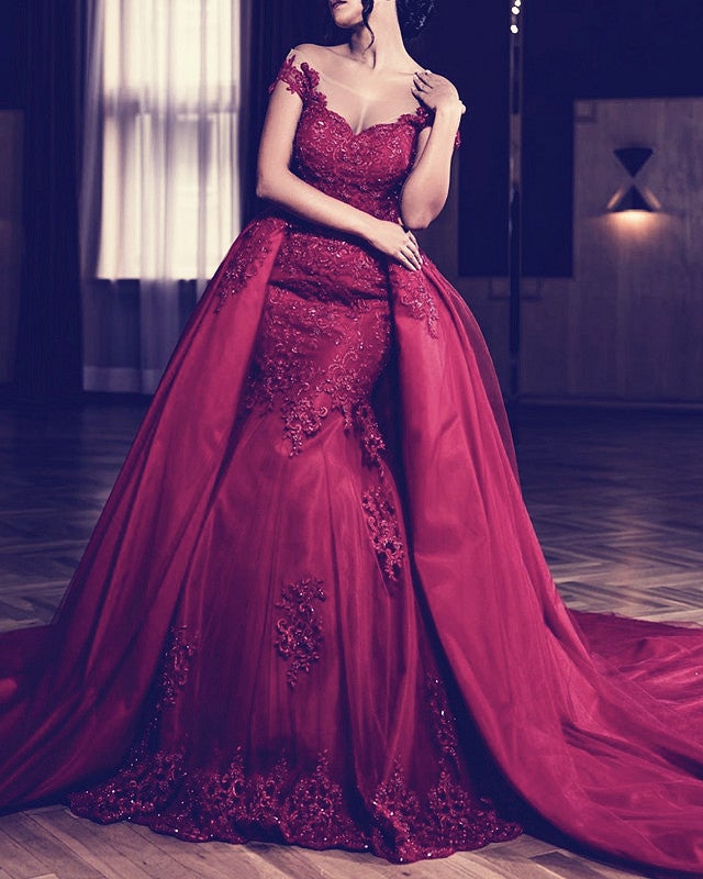 Burgundy Lace Mermaid Evening Dress With Detachable Skirt