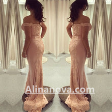 Load image into Gallery viewer, Off Shoulder Pink Mermaid Prom Evening Dresses Lace Appliques
