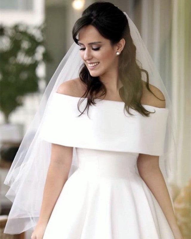 Off Shoulder Satin Wedding Dresses Front Short Long In Back-alinanova