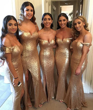 Load image into Gallery viewer, Off Shoulder Sequins Mermaid Bridesmaid Dresses With Slit
