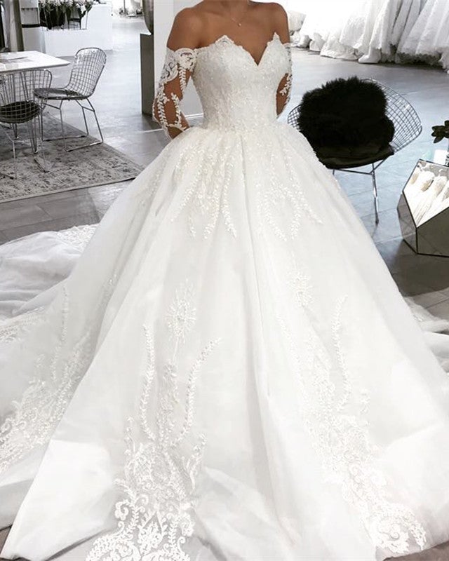 Off-The-Shoulder-Wedding-Dresses-Tulle-Ball-Gowns-Lace-Appliques
