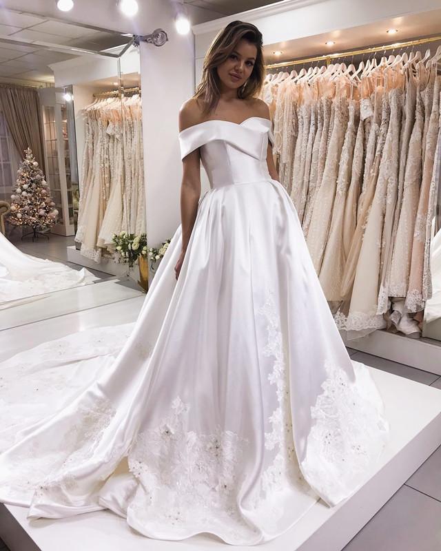 Off-the-shoulder Satin Ball Gown Wedding Dress With Lace Details