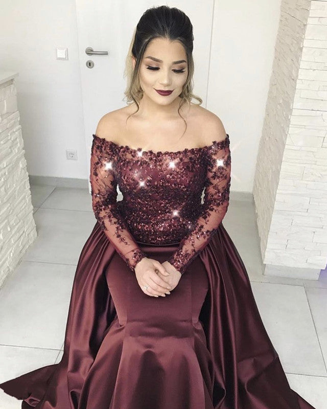 long sleeve prom dresses 2020 Empire-Waist Long Beaded Prom Dress with Long Sleeves Rose Gold / 8